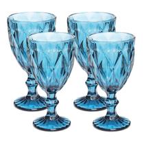 Jogo Copo Taça Vidro Diamante Azul Para Agua 300ml - 4 Unid