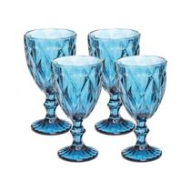 Jogo Copo Taça Vidro Diamante Azul Para Agua 300ml - 4Un
