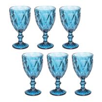 Jogo Copo Taça Vidro Diamante Azul Para Agua 300ml - 6Un