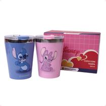 Jogo Copo Viagem Snap 300ml Stitch e Angel Namorados Disney Oficial