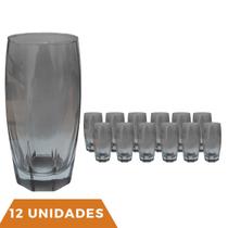 Jogo Copos de Vidro 370ml Cinza Florida Agua Suco Vinho 12Un