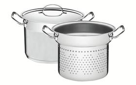 Jogo cozi-pasta tramontina professional em aço inox fundo triplo com tampa plana detalhe satinado 2 peças 24 cm