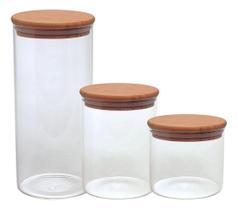 Jogo De 03 Potes Hermético Tampa Vidro E Bambu Mimo Style