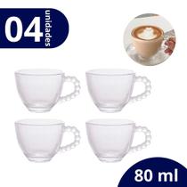 Jogo de 04 Xícaras para Café com Alça de Bolinhas em Vidro Jogo de 04 Xícaras para Café com Alça de Bolinhas em Vidro