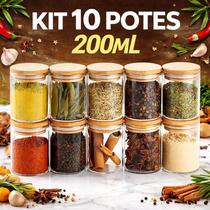 Jogo De 10 Potes 200ml Herméticos De Vidro Tampa De Bambu Jogo De 10 Potes 200ml Herméticos De Vidro Tampa De Bambu