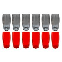 Jogo de 12 Copos de Vidro 370ML Duas Cores Cinza Vermelho Jogo de 12 Copos de Vidro 370ML Duas Cores Cinza Vermelho