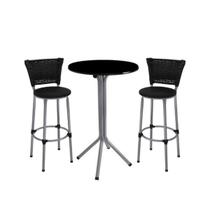 Jogo de 2 Banquetas Prata Junco Preto Assento Preto com Bistro Cinza e Preto