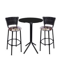 Jogo de 2 Banquetas Preta Junco Preto Assento Floral Marrom com Bistro Preto