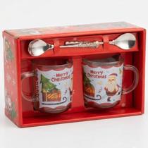 Jogo de 2 Canecas de Natal de Vidro 250ml + 2 Colheres - Estampas Sortidas na Caixa Presente MODELO:1 Jogo de 2 Canecas de Natal de Vidro 250ml + 2 Colheres - Estampas Sortidas na Caixa Presente MODELO:1