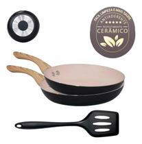 Jogo de 2 Frigideiras Antiaderentes em Cerâmica Cabo Silicone e Espátula Jogo de 2 Frigideiras Antiaderentes em Cerâmica Cabo Silicone e Espátula