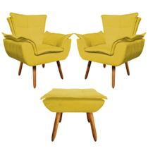Jogo de 2 Poltrona + Puff de Luxo para Sala de Jantar Suede Amarelo