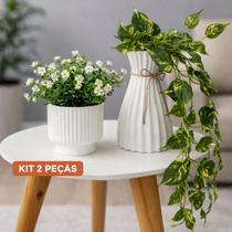 Jogo de 2 Vasos Decoração Buque Floral Artificial E Joboia Pendente enfeite casa sala escritórios vaso para centro de mesa estante