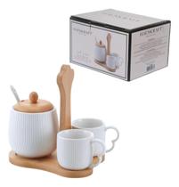 Jogo De 2 Xicaras Com Açucareiro Ceramica Suporte de Bambu 4 Peças