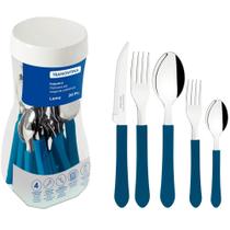 Jogo de 20 Talheres no Pote Tramontina Faqueiro Leme Aço Inox Cabo Plástico Azul