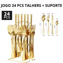 Jogo De 24 Talheres Dourado Luxo + Suporte Porta Talheres em Aço Inox para até 24 Peças Dourado