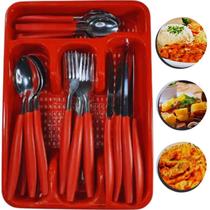 Jogo de 25 Talheres Colheres Facas Garfos Faqueiro Estojo Organizador Porta Talher Vermelho Sete Estrelas