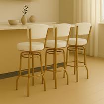 Jogo de 3 Banquetas Bar Giratória com Encosto Estofado Altura 65cm cor Dourado fosco Assento grosso Confortável Branco Jogo de 3 Banquetas Bar Giratória com Encosto Estofado Altura 65cm cor Dourado fosco Assento grosso Confortável Branco