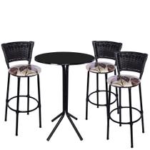 Jogo de 3 Banquetas Preta Junco Preto Assento Floral Marrom com Bistro Preto