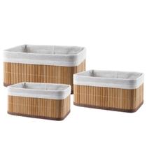 Jogo De 3 Cestos Caixas Organizadores Bambu Claro Natural Com Tecido
