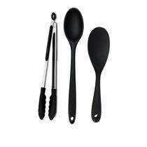 Jogo de 3 Peças - Colher de Arroz 22,5 cm e 27 cm e Pinça Pegador Multiuso 29 cm em Silicone Preto - UNYHOME Jogo de 3 Peças - Colher de Arroz 22,5 cm e 27 cm e Pinça Pegador Multiuso 29 cm em Silicone Preto - UNYHOME