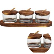 Jogo de 3 petisqueiras Wooden em vidro com tampa e suporte em madeira 120ml