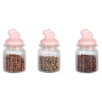 Jogo de 3 porta mantimentos em vidro com tampa rosa em ceramica 300ml D8xA10,4cm - Dynasty
