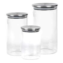 Jogo de 3 porta mantimentos redondos em vidro borossilicato com tampa prata 600ml/1L/1,5L