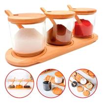 Jogo de 3 Potes em Vidro porta condimento com bandeja e Colher De Bambu