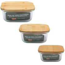 Jogo De 3 Potes Herméticos Quadrado Tampa De Bambu Casavita Jogo De 3 Potes Herméticos Quadrado Tampa De Bambu Casavita