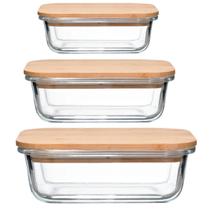 Jogo De 3 Potes Herméticos Retangular Tampa De Bambu Em Casa