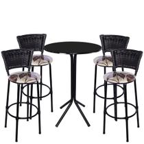 Jogo de 4 Banquetas Preta Junco Preto Assento Floral Marrom com Bistro Preto