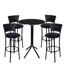 Jogo de 4 Banquetas Preta Junco Preto Assento Preto com Bistro Preto