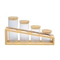 Jogo de 4 Porta Condimentos em Vidro com tampa e suporte em Bambu - Dynasty