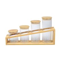 Jogo de 4 porta condimentos vidro boro tampa suporte bambu -Dynasty