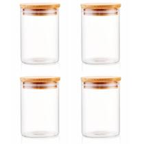 Jogo De 4 Potes Herméticos De Vidro Tampa De Bambu - 700 Ml