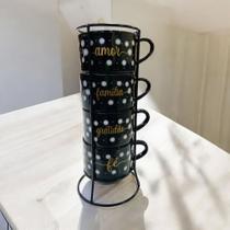 Jogo de 4 xicaras café chá porcelana preta flor com suporte de metal