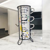 Jogo De 4 Xicaras Caneca Café Chá Porcelana Panda Com Suporte de Metal