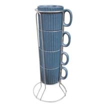 Jogo de 4 xícaras para café Striatto em cerâmica com suporte 80ml cinza