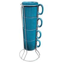 Jogo de 4 xícaras para chá striatto em cerâmica com suporte 170ml azul esmeralda