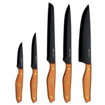 Jogo De 5 Facas Faqueiro Aço Inox Com Cabo E Cepo De Madeira Jogo De 5 Facas Faqueiro Aço Inox Com Cabo E Cepo De Madeira