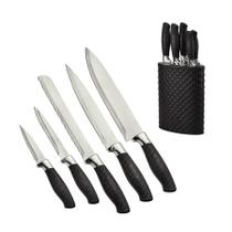 Jogo de 5 Facas Faqueiro Churrasco Com Cepo Cozinha Cabo Preto