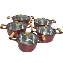 Jogo De 5 Panelas Alumínio Fundido Batido Craquelado Com Tampa De Vidro