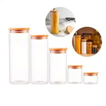 Jogo de 5 Potes de Vidro Borossilicato com Tampa de Bambu Fechamento Hermético Organizador de Despensa Cozinha Mantimentos Armário Vários Tamanhos Jogo de 5 Potes de Vidro Borossilicato com Tampa de Bambu Fechamento Hermético Organizador de Despensa Cozinha Mantimentos Armário Vários Tamanhos