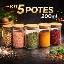Jogo de 5 potes herméticos de vidro tampa de bambu 200 ml