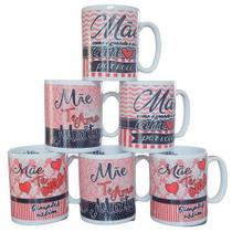Jogo de 6 Canecas de Porcelana 300ml com Frases para Mãe - Decoração Completa em Preto e Vermelho Jogo de 6 Canecas de Porcelana 300ml com Frases para Mãe - Decoração Completa em Preto e Vermelho