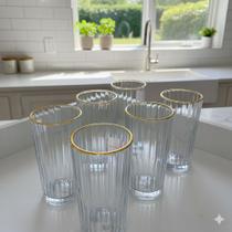 Jogo de 6 Copos de Vidro Alto Graffiato Borda dourada Luxo Sucos drinks 300ml Jogo de 6 Copos de Vidro Alto Graffiato Borda dourada Luxo Sucos drinks 300ml