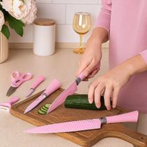 Jogo de 6 Peças Rosa Faqueiro Alta Resistência Gourmet antiaderente Conjunto Profissional de cozinha tesoura