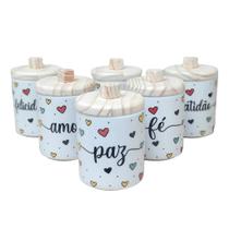 Jogo de 6 Potes Multi-Uso de Porcelana 300ml com Frases Motivacionais e Pegadores Jogo de 6 Potes Multi-Uso de Porcelana 300ml com Frases Motivacionais e Pegadores