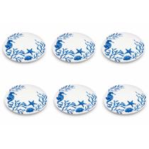 Jogo de 6 Pratos de Jantar em Porcelana Branca com Azul Fundo do Mar 02x28cm