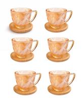Jogo de 6 Xícaras de Café 100ml Vidro Âmbar Texturizado com Pires de Bambu Jogo de 6 Xícaras de Café 100ml Vidro Âmbar Texturizado com Pires de Bambu